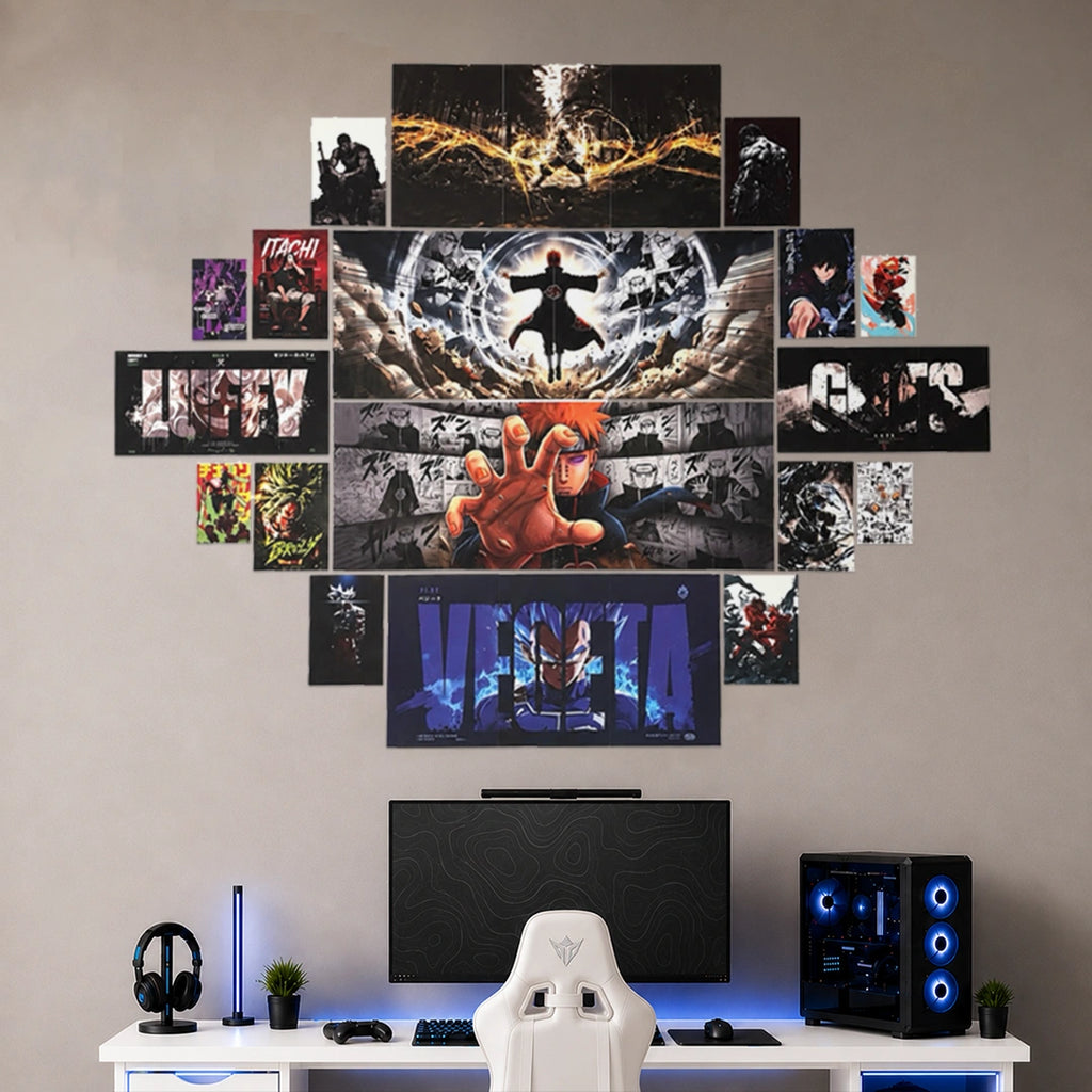 A wall-mounted multi-panel anime poster display featuring Naruto characters and scenes, styled above a gaming desk with a monitor, chair, PC tower, and accessories in a modern room setting.