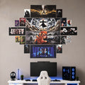 A wall-mounted multi-panel anime poster display featuring Naruto characters and scenes, styled above a gaming desk with a monitor, chair, PC tower, and accessories in a modern room setting.