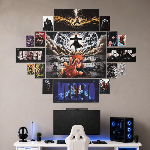 A wall-mounted multi-panel anime poster display featuring Naruto characters and scenes, styled above a gaming desk with a monitor, chair, PC tower, and accessories in a modern room setting.