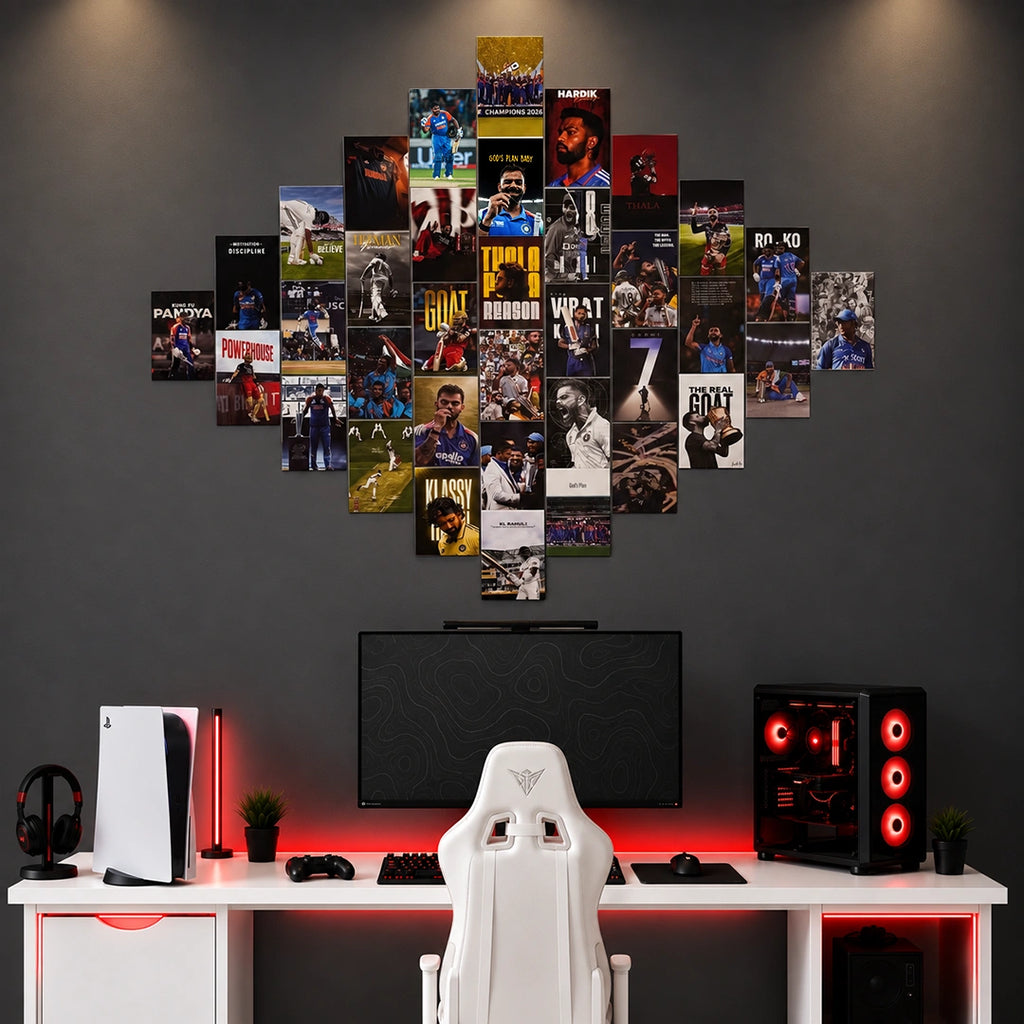 A wall-mounted collage of sports poster prints in a heart-like arrangement above a gaming desk setup with a white chair, monitor, console, and illuminated PC case.