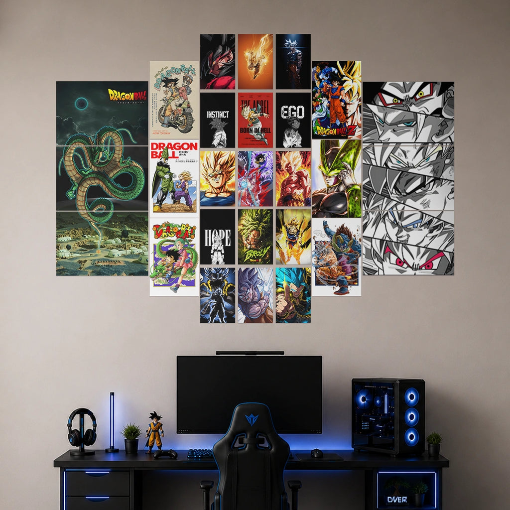 A wall-mounted collage of Dragon Ball Z anime posters displayed above a gaming desk setup with a monitor, chair, keyboard, and PC tower in a home office environment.