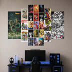 A wall-mounted collage of Dragon Ball Z anime posters displayed above a gaming desk setup with a monitor, chair, keyboard, and PC tower in a home office environment.