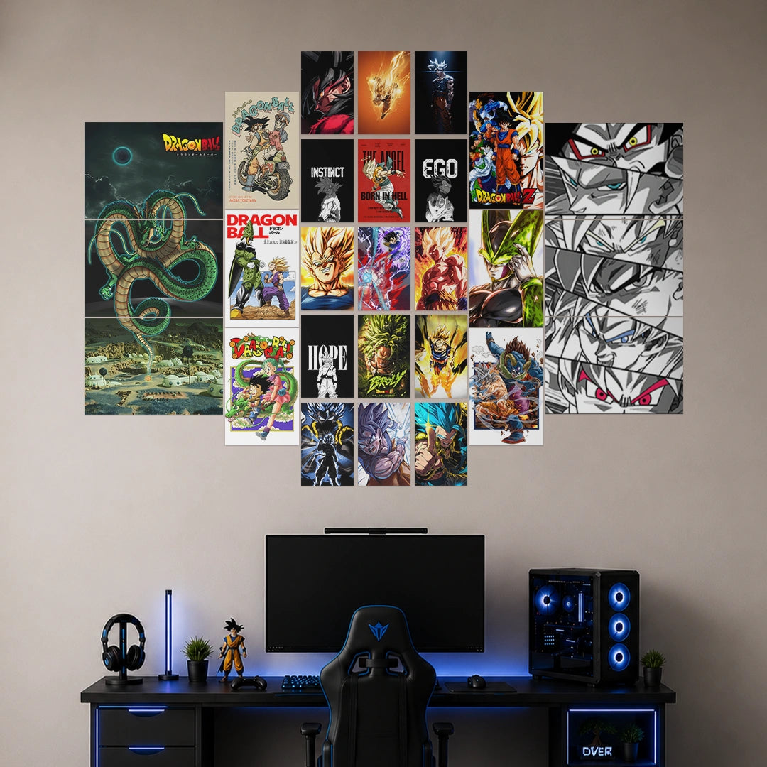 A wall-mounted collage of Dragon Ball Z anime posters displayed above a gaming desk setup with a monitor, chair, keyboard, and PC tower in a home office environment.