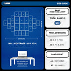 A size guide infographic for Lumen wall panels, showing a blue blueprint-style layout diagram with measurements, a laptop comparison, and a table listing panel dimensions and counts for A4, A5, and mixed A4+A5 layouts.