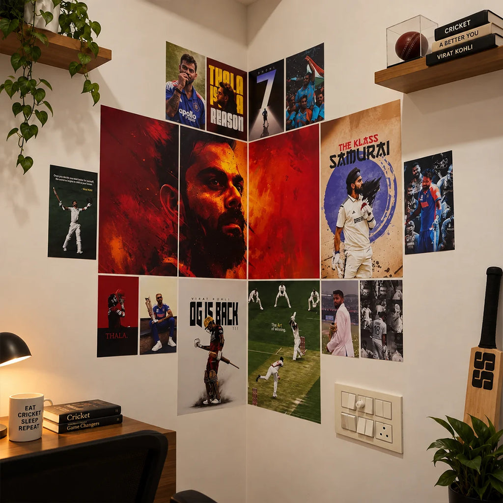 A set of 15 cricket-themed wall posters arranged in a corner display on a white wall, featuring players like Thacker, Benson, and Samurki, with dramatic red and black backgrounds.