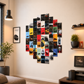 A wall-mounted collage of multiple automotive posters and prints arranged in a diamond shape on a beige wall in a modern living room. The prints feature various cars and racing imagery in many colors.