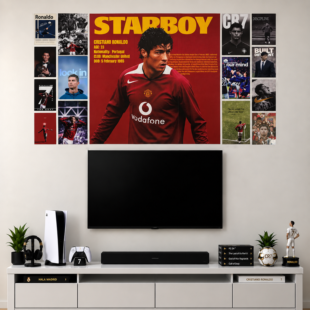 A large Cristiano Ronaldo 'Starboy' poster in a red and yellow design is displayed on a light gray wall above a black TV and a white media console with various home decor items.