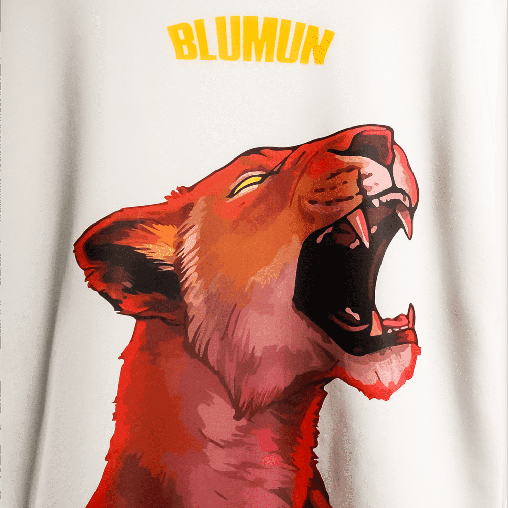 Fear Nothing " Lion " off-white Blumun oversized (loose fit) drop shoulder t-shirt.