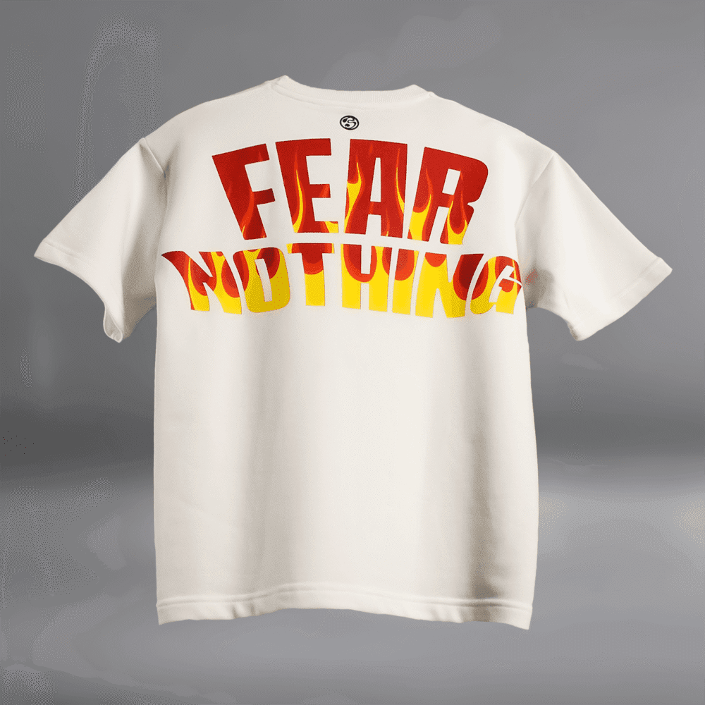 Fear Nothing " Lion " off-white Blumun oversized (loose fit) drop shoulder t-shirt.
