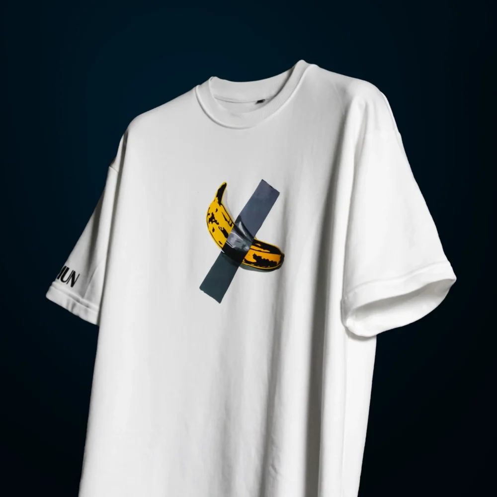 Detailed view of the high-density duct-taped banana graphic on the $6 Million Banana T-Shirt, showcasing the texture and print quality.