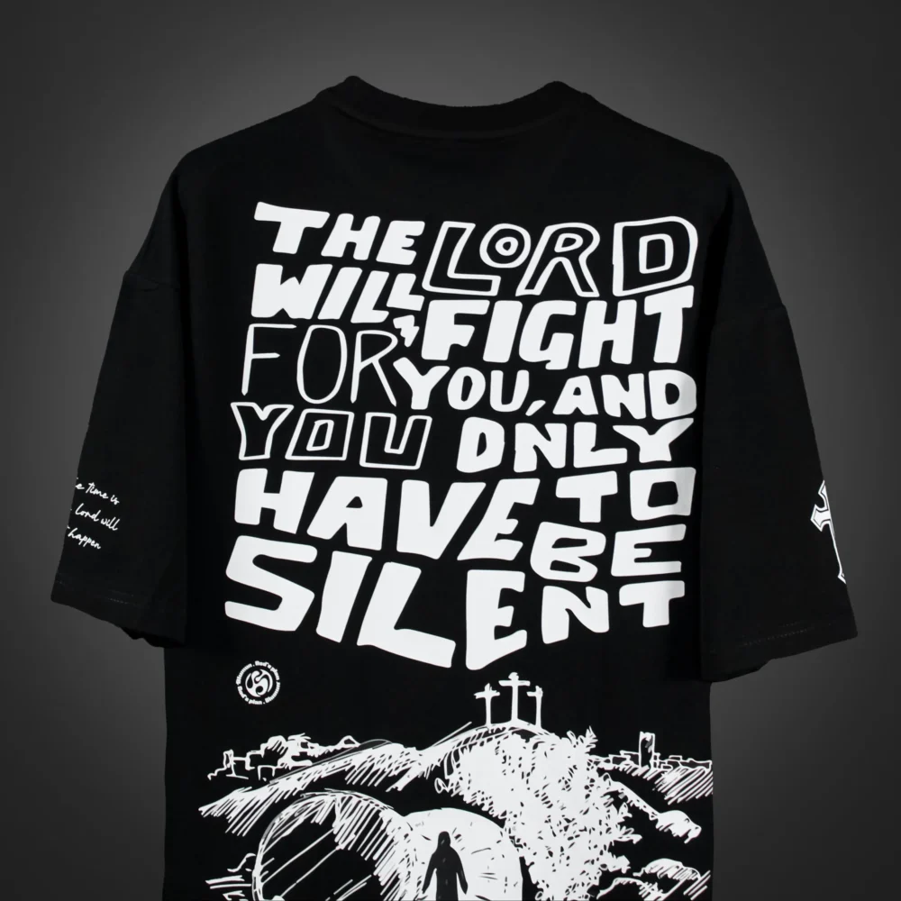 zoomed Back view of the GOD'S PLAN oversized t-shirt featuring bold white biblical verse text in stylised hand-drawn font. Premium streetwear t-shirt | oversized t-shirt by BLUMUN
